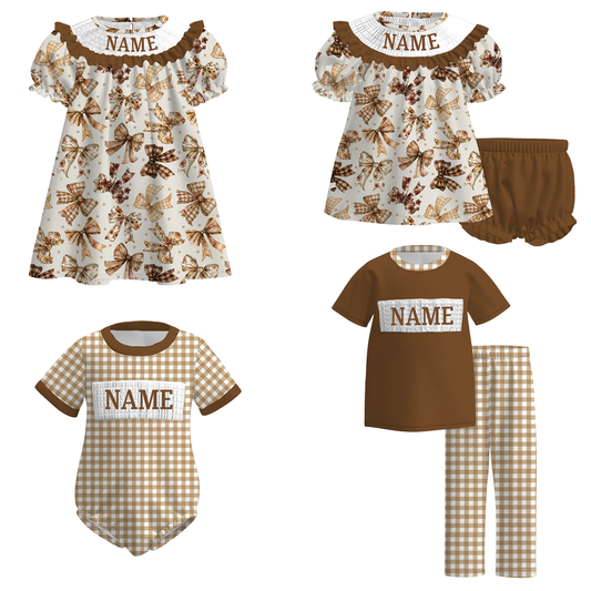 Kids Fall Custom Name Embroidery Brown Bow Plaid Sibling Clothes
