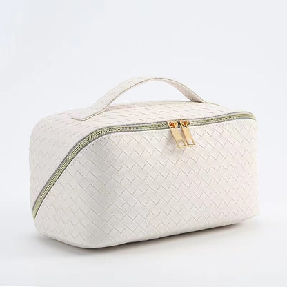 Woven PU Leather Makeup Bag with Handle & Zipper Travel Toiletry & Cosmetic Organizer