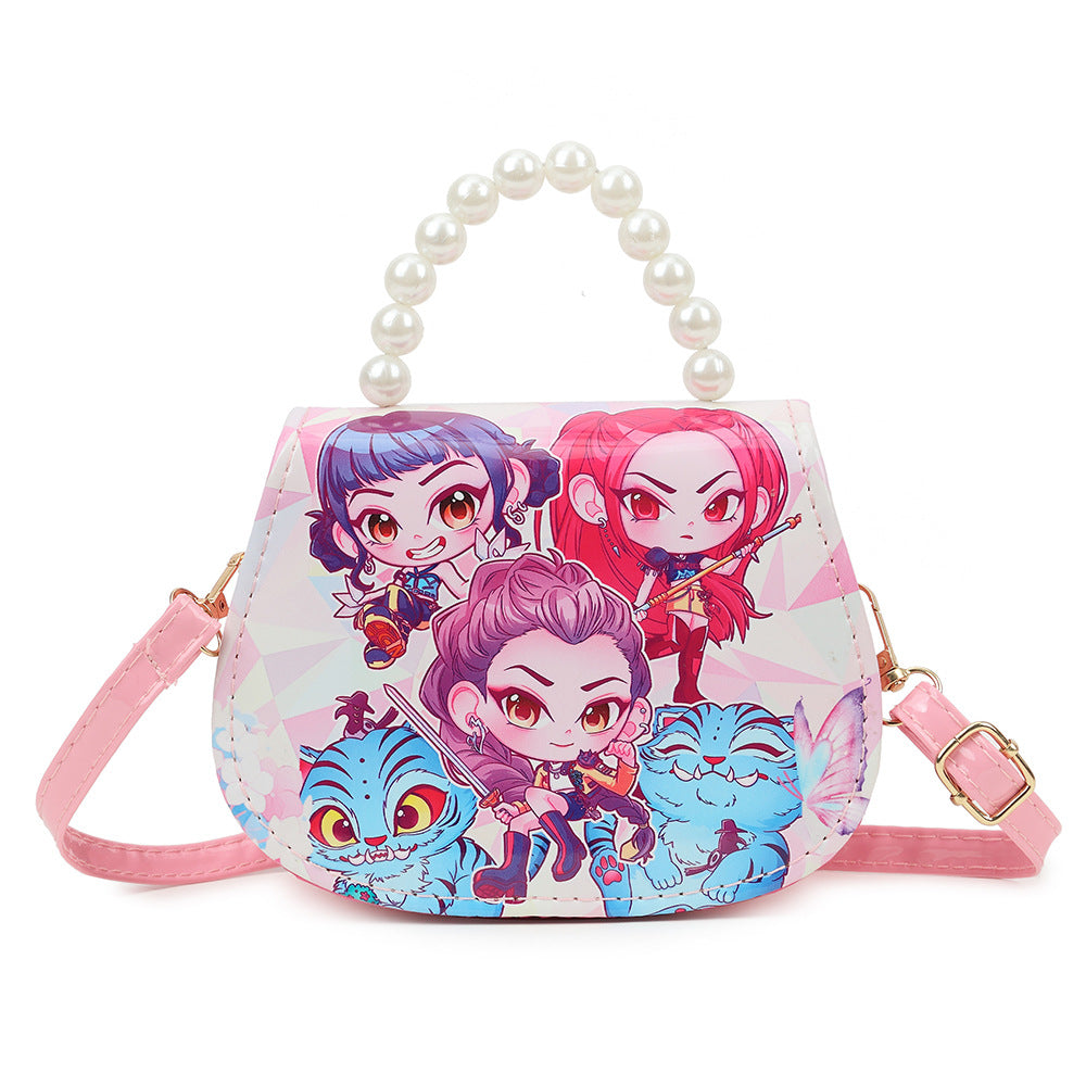 K-POP Demon Hunters Anime Print Kids Crossbody Bag with Pearl Handle & PU Strap