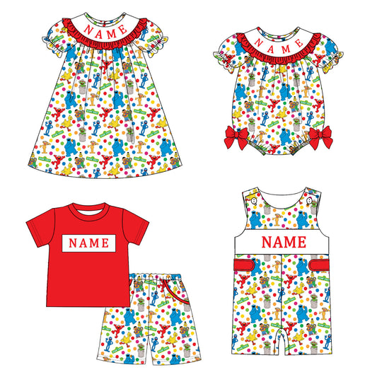 Smocked SESAME STREET Kids Collection – Embroidered Red Custom Name Outfits