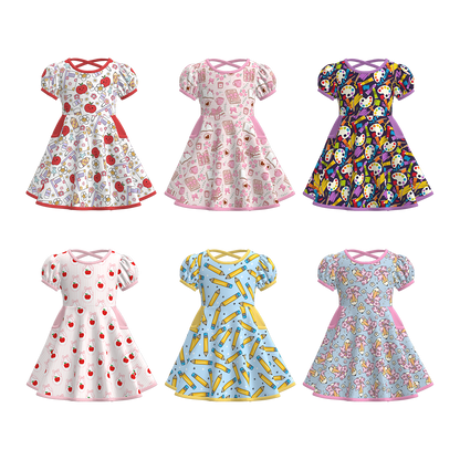 Girls Back To School Print Short Sleeves Twirl Dress