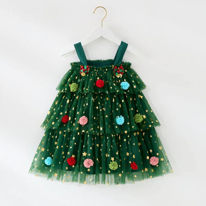 Girls Christmas Tulle Dress Festive Holiday Party Dress with Sparkle Stars & Pom Pom Details