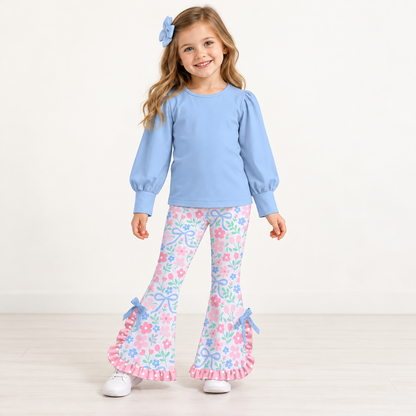 Girls Spring Floral Print Bell Bottom Pants Set – Long Sleeve Puff Sleeve Top & Ruffle Flare Pants Outfit