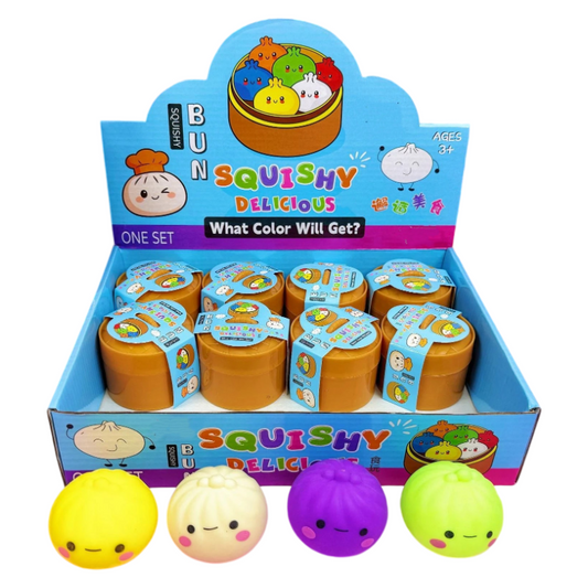 Mini Smiley Bun Squishy Set with Steamer Basket – Soft Flour Feel Stress Relief Toy