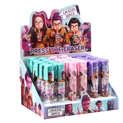 Press-to-Advance Mechanical Eraser Set Character Themed Pencil Erasers in Storage Case