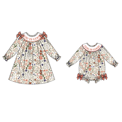 Girls Fall God Is Good Embroidery Smock Floral Dress & Bubble
