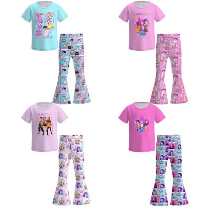 Girls Kpop Demon Hunter Print Short Sleeves Top+Pant Set