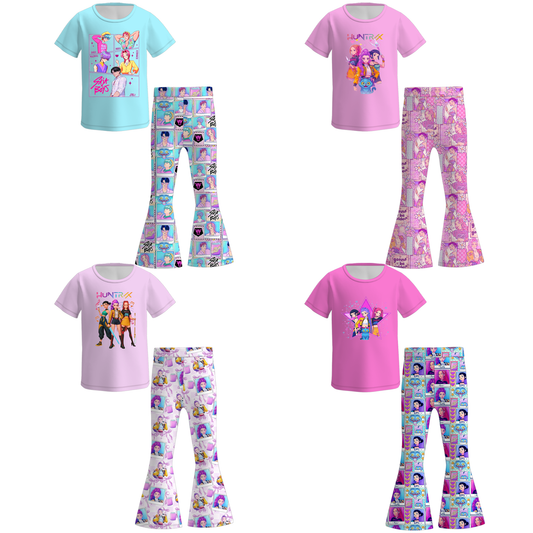 Girls Kpop Demon Hunter Print Short Sleeves Top+Pant Set