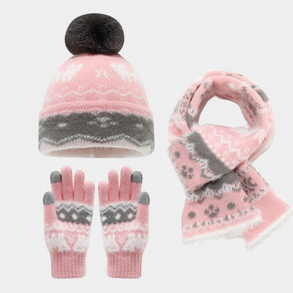 Kids’ Winter Hat, Scarf & Gloves 3-Piece Set – Pom-Pom Knit Beanie with Reindeer & Snowflake Patterns for Boys & Girls