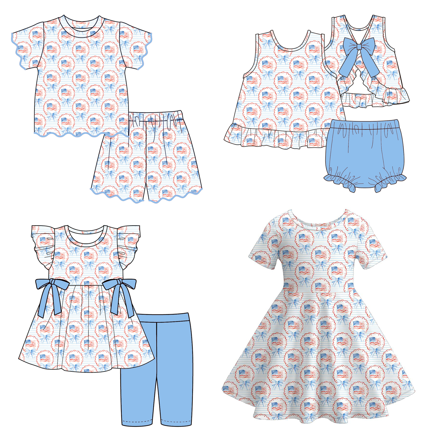 4th of July Girls Outfit – Patriotic USA Flag Bow Print Dress, Toddler Top & Shorts Set, Baby Bloomer Outfit