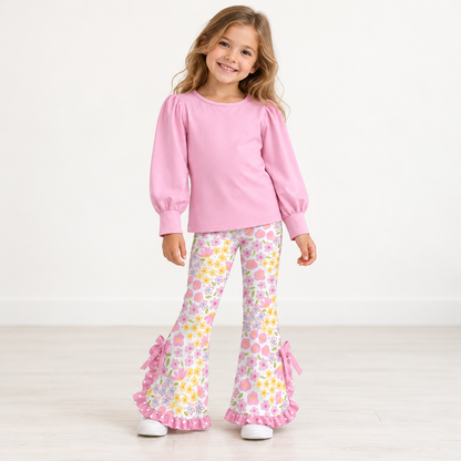 Girls Spring Floral Print Bell Bottom Pants Set – Long Sleeve Puff Sleeve Top & Ruffle Flare Pants Outfit