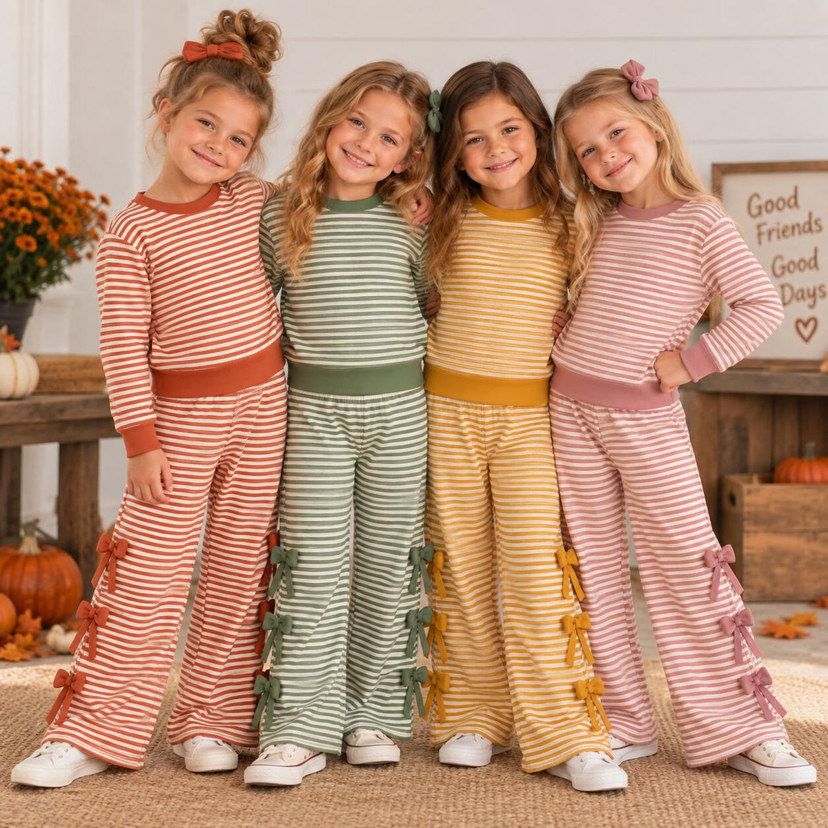Girls Fall Winter Striped Bow Flare Pants Set – Long Sleeve Two-Piece Boutique Outfit