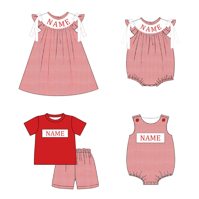 Smocked July 4th Kids Collection – Embroidered Red Plaid Custom Name Outfits