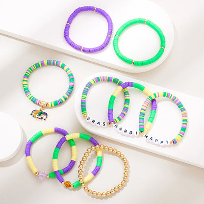 Mardi Gras Beaded Bracelet Set (9-Piece) Clown Hat Charm Letter Bracelets