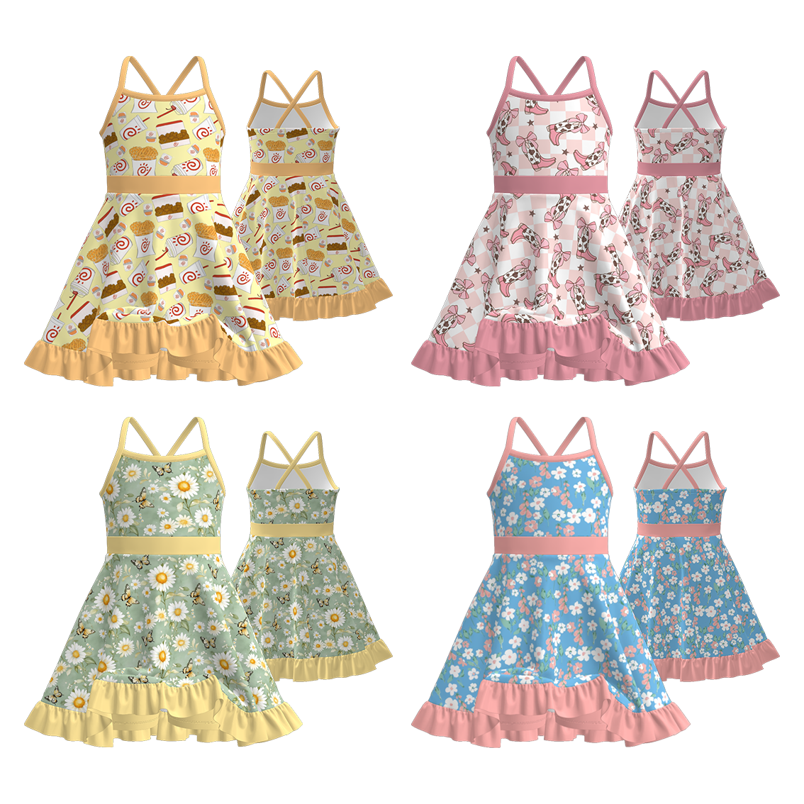 Girls' Summer Boots Flower Drink Print Slip Athletic Dress