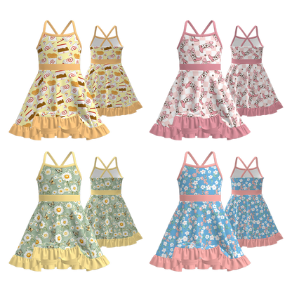 Girls' Summer Boots Flower Drink Print Slip Athletic Dress
