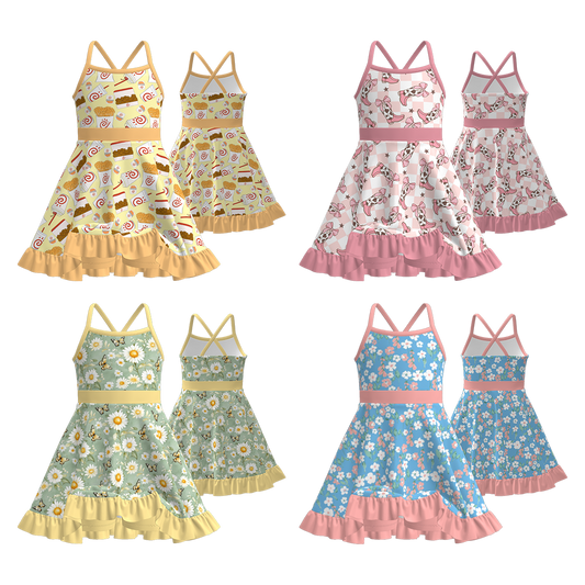 Girls' Summer Boots Flower Drink Print Slip Athletic Dress