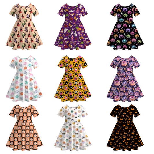 Halloween Girls Fall Pumpkin Witch Print Short Sleeves Twirl Dress
