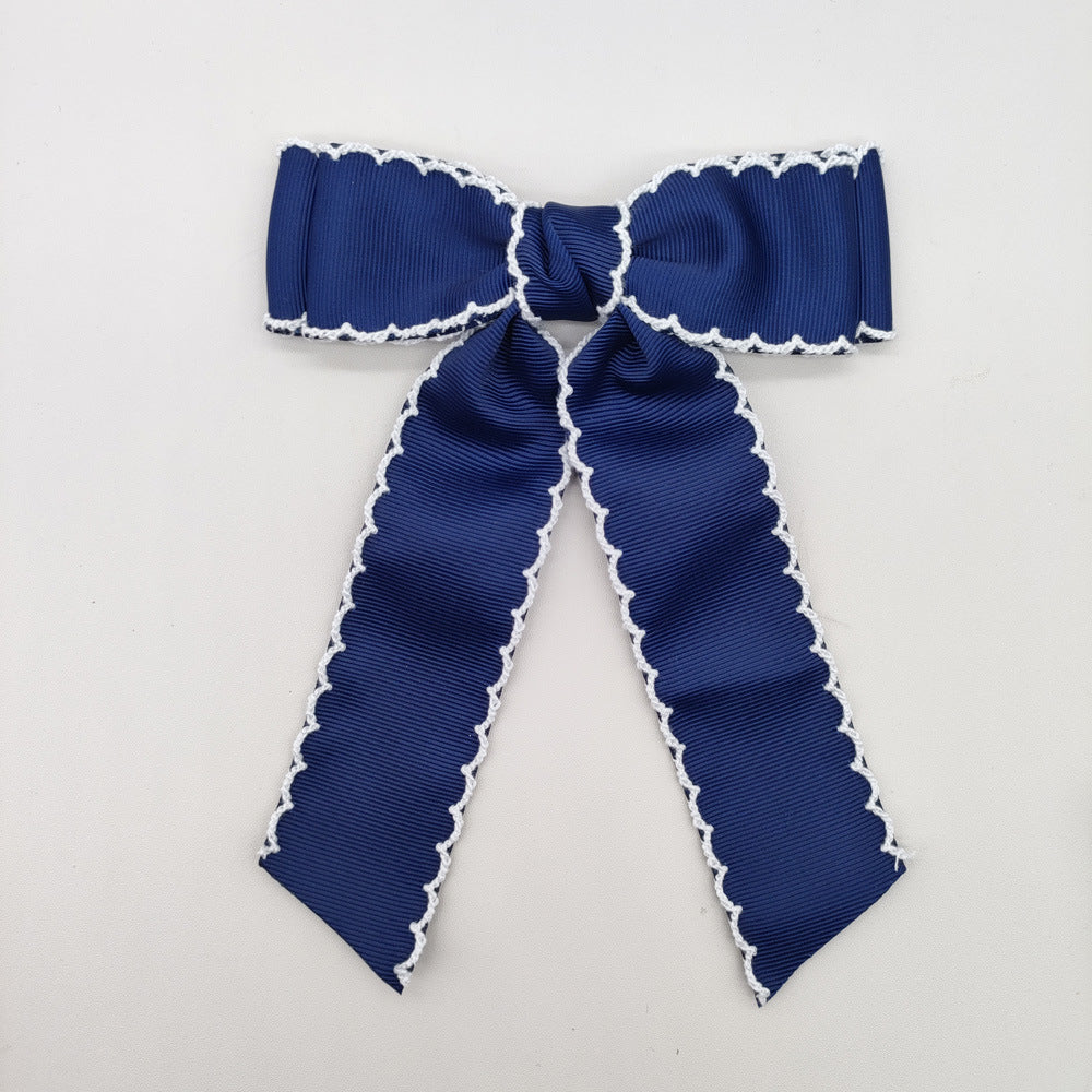 Girls Grosgrain Ribbon Bow Hair Clip – Contrast Scalloped Stitching & Long Ribbon Tails