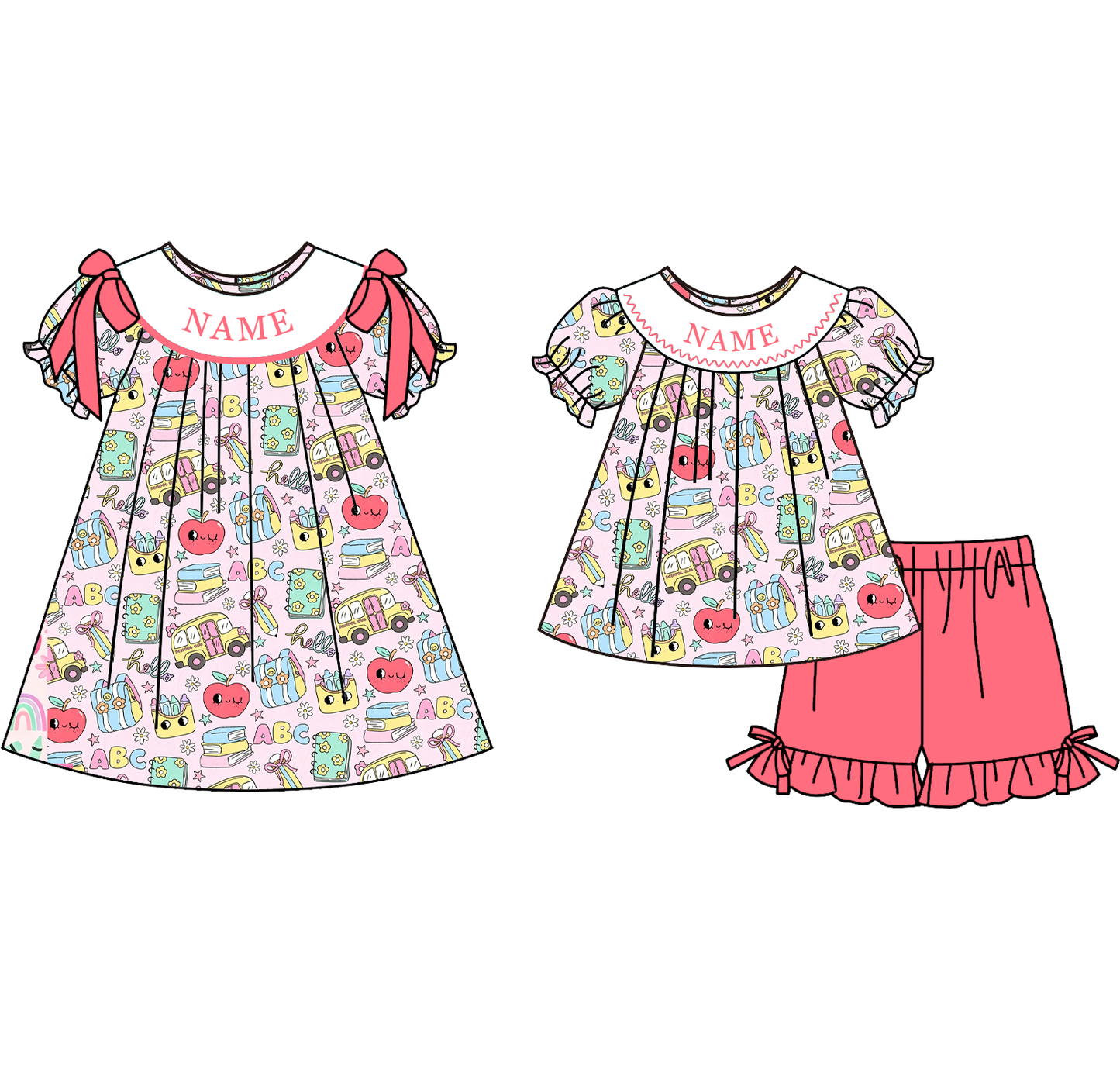 Girls Personalized Back to School Smocked Dress & Short Set | Custom Embroidered Name Boutique Outfit