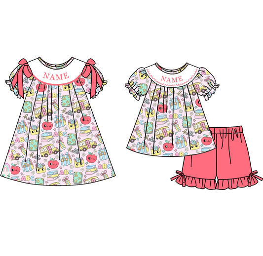 Girls Personalized Back to School Smocked Dress & Short Set | Custom Embroidered Name Boutique Outfit