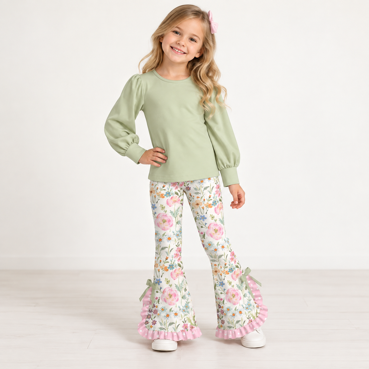 Girls Spring Floral Print Bell Bottom Pants Set – Long Sleeve Puff Sleeve Top & Ruffle Flare Pants Outfit