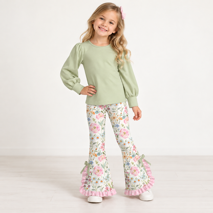 Girls Spring Floral Print Bell Bottom Pants Set – Long Sleeve Puff Sleeve Top & Ruffle Flare Pants Outfit