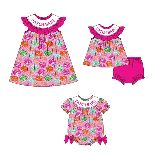 PATCH BABE Pumpkin Smocked Embroidered Girls Collection | Boutique Dress, Bloomer Set & Bubble Romper