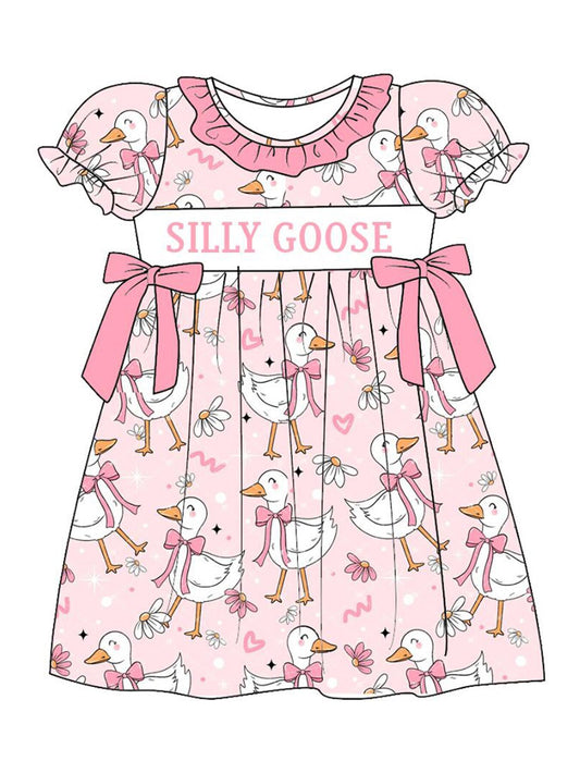 Girls Summer SILLY GOOSE Print Smocked Embroidered Dress