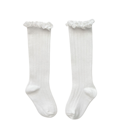 Kids Solid Color Mid-Calf Socks Combed Cotton Lace Trim Frilly Socks Spring & Autumn Wear