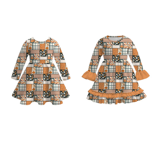 Fall Pumpkin Patchwork Twirl Dress & Ruffle Dress | Girls Boutique Long Sleeve Autumn Outfit | Halloween & Thanksgiving Collection
