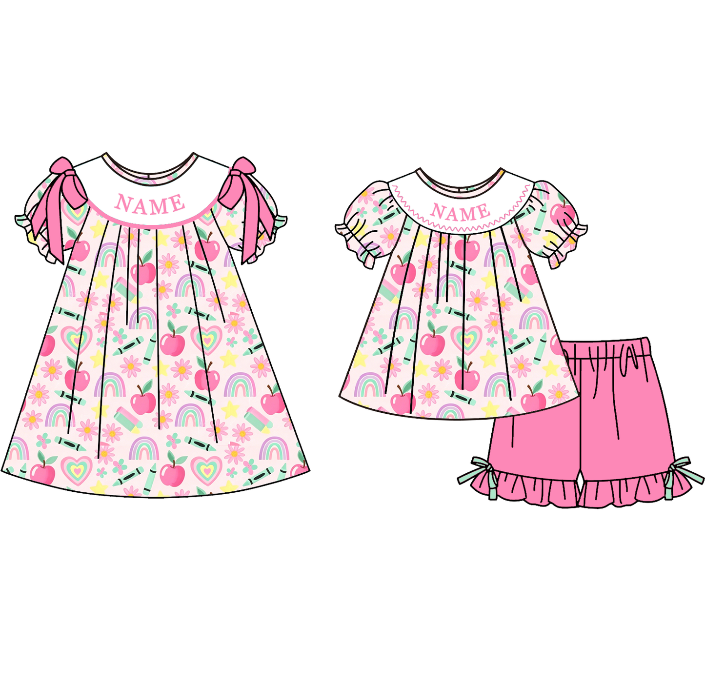 Girls Personalized Back to School Apple Dress & Short Set | Custom Embroidered Name Boutique Outfit