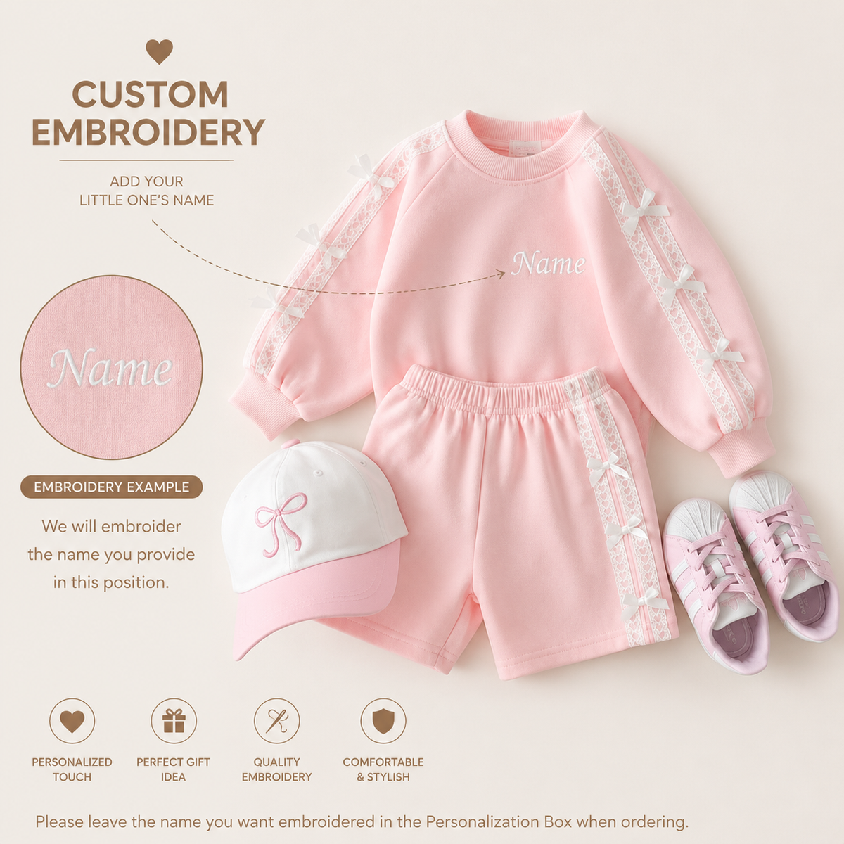 Personalized Girls Cotton 2-Piece Set | Custom Name Embroidery Long Sleeve Top & Shorts Outfit