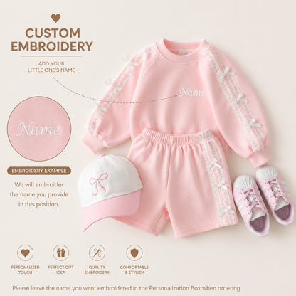Personalized Girls Cotton 2-Piece Set | Custom Name Embroidery Long Sleeve Top & Shorts Outfit
