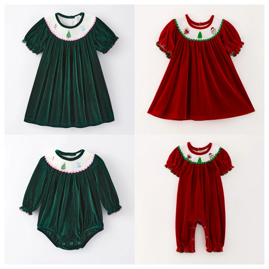 Girls Christmas Green Red Reindeer Santa Embroidery Dress Romper