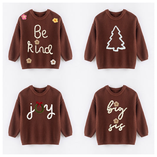 Cozy Oversize Christmas Embroidered Brown Sweaters – Festive & Fun for Winter