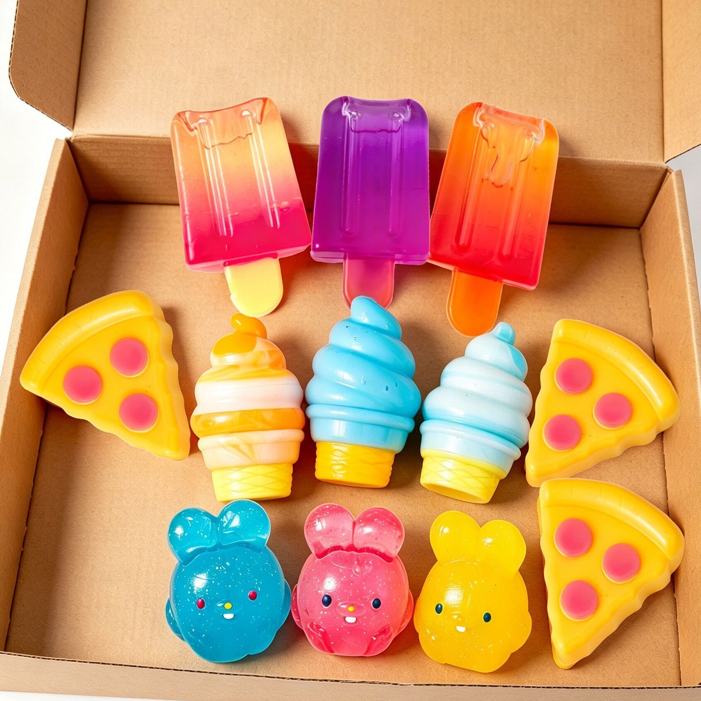 Kids Jelly Sensory Toy Gift Box | 12-Piece Fidget Toy Set | Popsicles, Pizza, Ice Cream & Bunny
