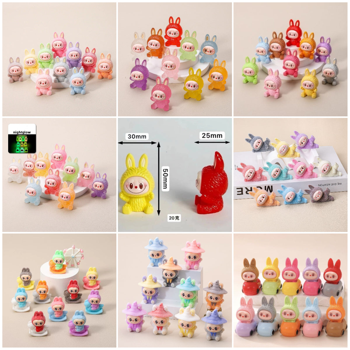 Labubu Flocked Glow-in-the-Dark Mini Figurine Car Decoration DIY Collectible Toy Accessory