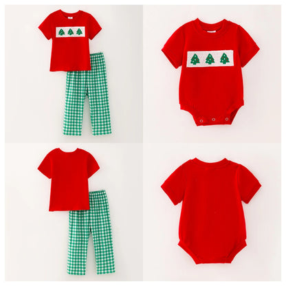 Boys Brother Christmas Tree Embroidery Smock Red Green Outfit