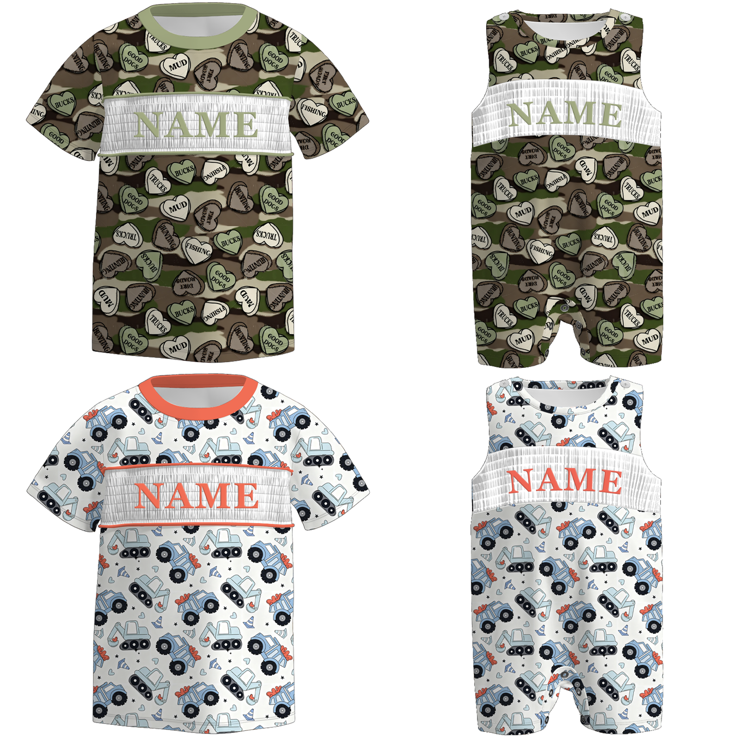Boys Spring Summer Camo Custom Name Smock Embroidery Top & Romper