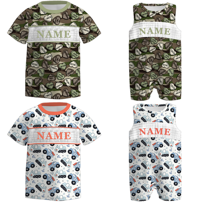 Boys Spring Summer Camo Custom Name Smock Embroidery Top & Romper