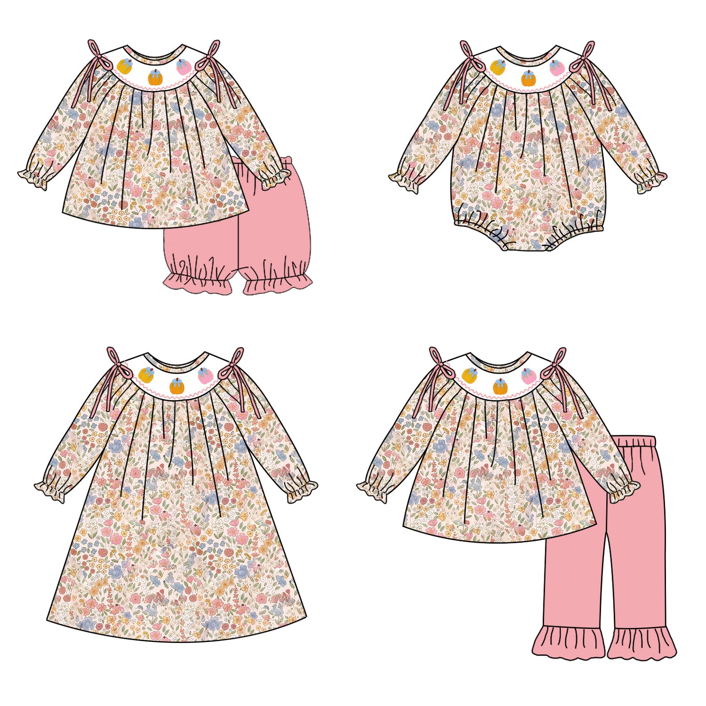 Girls Fall Halloween Pumpkin Embroidery Sibling Outfits