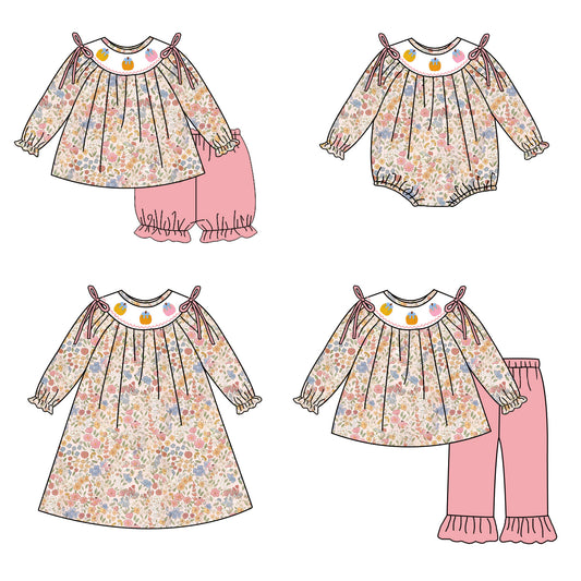 Girls Fall Halloween Pumpkin Embroidery Sibling Outfits
