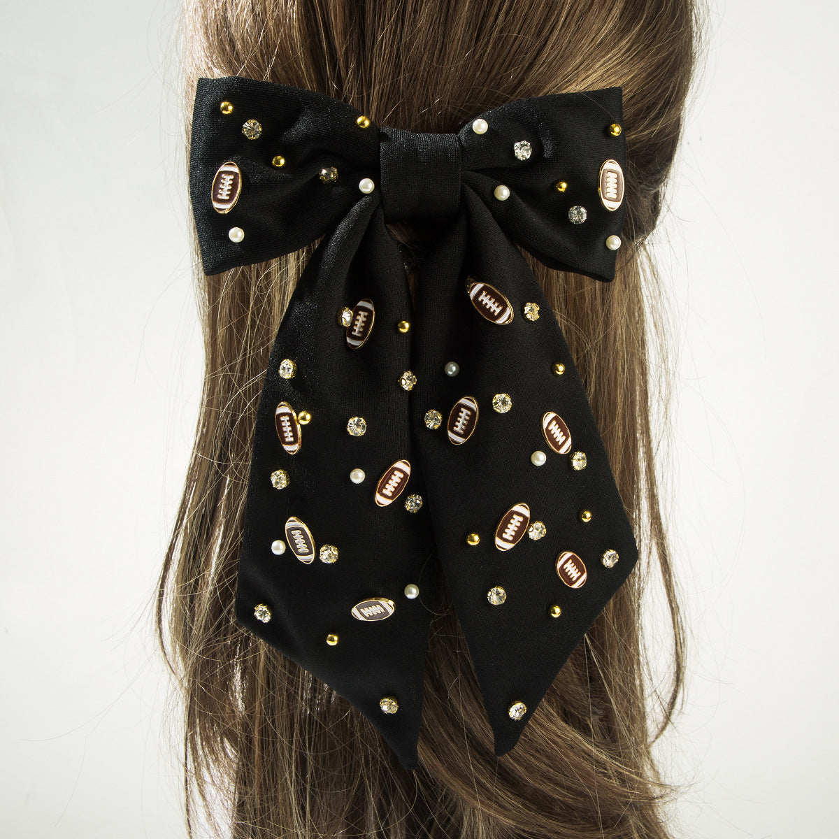 Football Hair Bow with Pearls & Rhinestones – Game Day