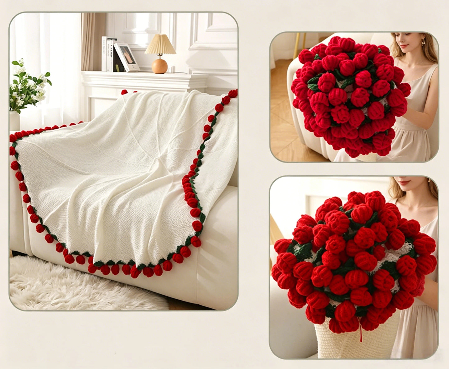 99 Roses Flower Edge Knit Throw Bouquet Style Floral Blanket