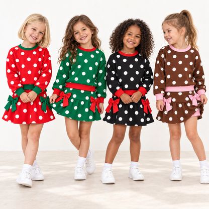 Girls Christmas Polka Dot 2-Piece Skort Set – Long Sleeve Sweatshirt & Bow Skirt Shorts Outfit