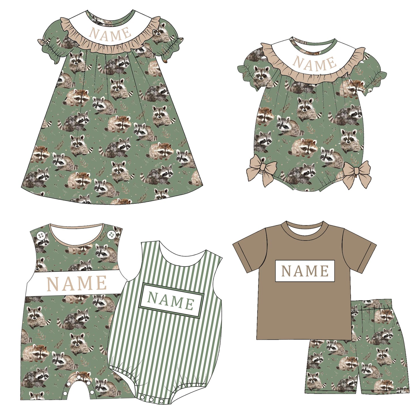 Sibling Summer Raccoon Print Custom Name Embroidery Matching Clothes