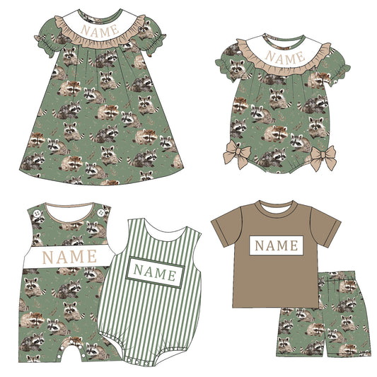 Sibling Summer Raccoon Print Custom Name Embroidery Matching Clothes