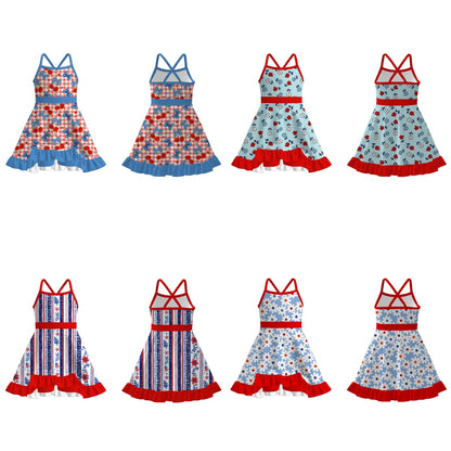 Girls July 4th Patriotic Red Blue Print Slip Outdoor Dress