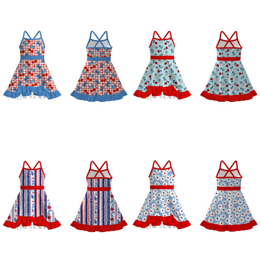 Girls July 4th Patriotic Red Blue Print Slip Outdoor Dress